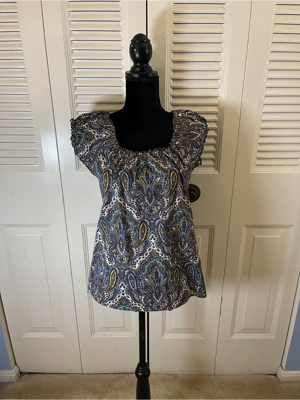 J Crew Blue Paisley Short-Sleeve Square Neck Top